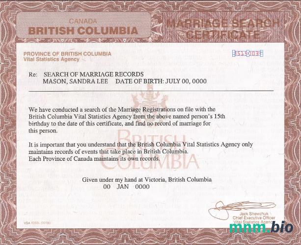 Canada British Columbia akt małżeństwa szablon w formacie PSD